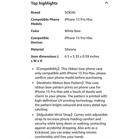 SOKAD Ribbon Bow Phone Case for iPhone 15 Pro Max with Wrist Strap Kickstand S16 - Picture 7 of 8